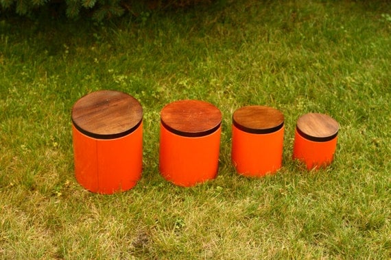 vintage orange canister set, round orange canisters, orange and brown decor