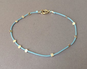 Gold Bead LIGHT BLUE Silk String Bracelet also in Sterling Silver and Rose Gold Fill