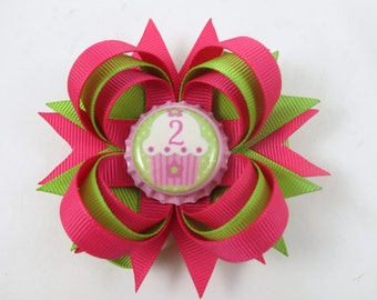 Birthday Hair Bow - My First Birthday - 1st 2nd 3rd 4th Birthday Hair Bow - Headband Options - Hot Pink and Green Bow - YOU PICK BOTTLECAP
