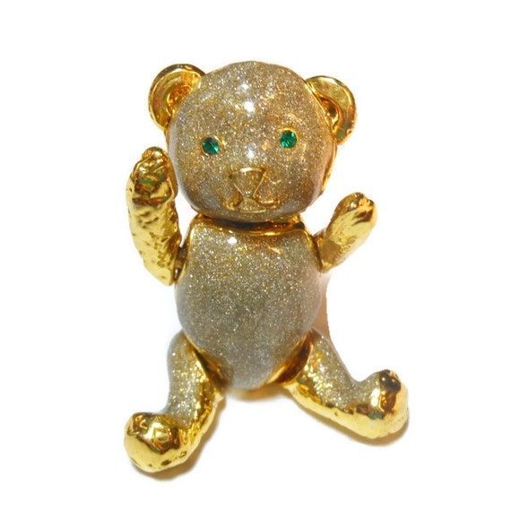 SALE Articulated teddy bear brooch sparkling glitter enamel