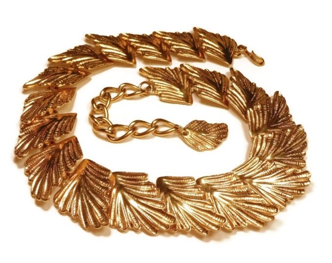 Gold statement choker necklace gold leaves with extender chain