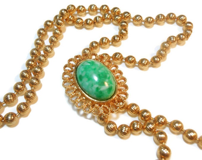 D and E bolo necklace, BOOK PIECE, Green Ming 1973 bolo lariat necklace, Ming green cabochon made for Avon by DeLizza & Elster, ball chain