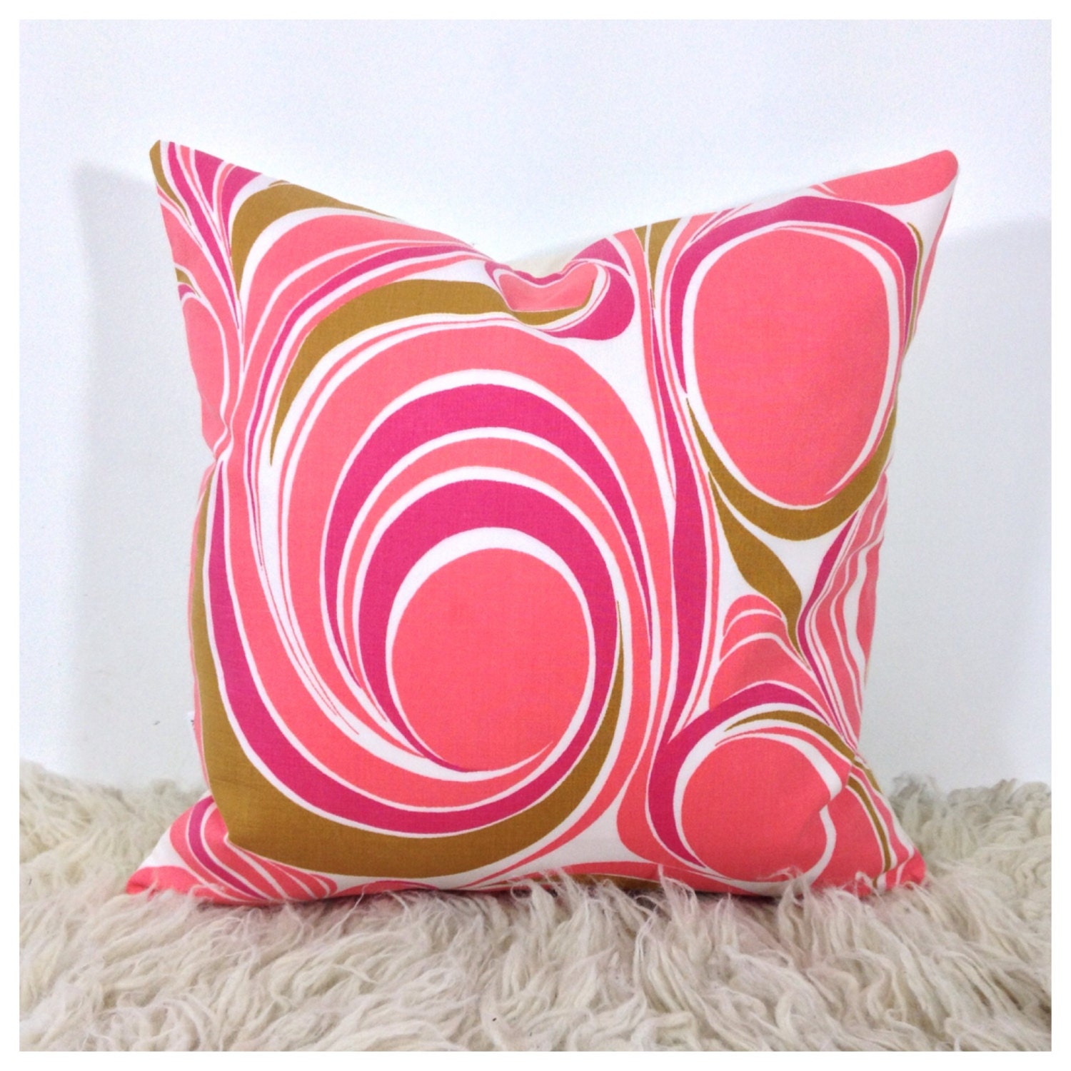 Vintage Fabric Throw Pillow 1970s Pink Psychedelic Fabric