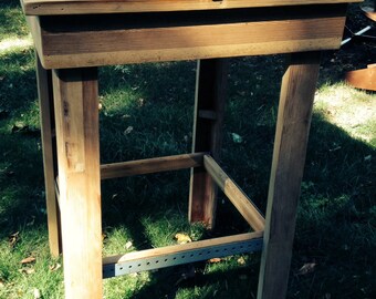 Reclaimed wood bar table with inlayed wood crate.