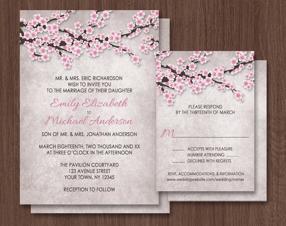 Vintage Cherry Blossom Wedding Invitations and RSVP - Printed or Printable - Pink floral Summer Spring Il_570xn