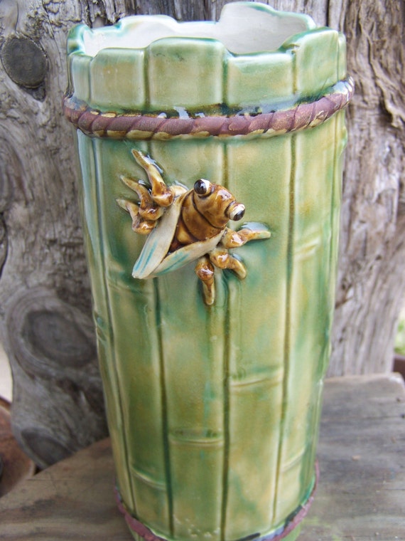 Majolica Bamboo Vase Large Art Pottery Vase Bug by Dallas2Denver