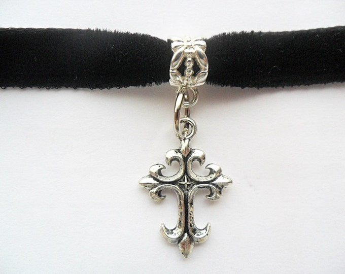 Black velvet choker necklace with cross charm and a width of 3/8”inch/ ribbon choker necklace/ pick your neck size
