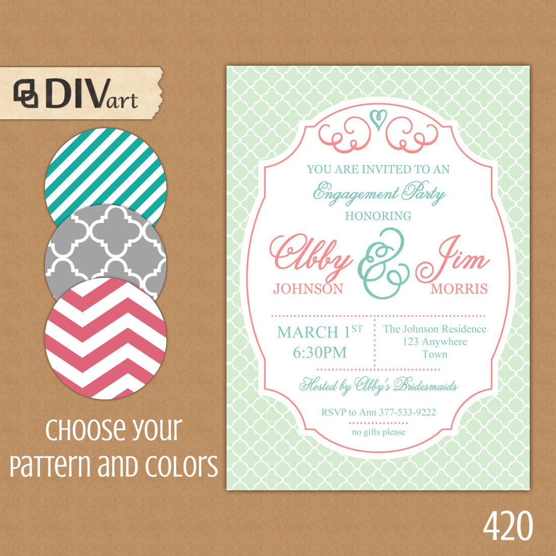 PRINTABLE 5x7 Engagement Party Invitation Bridal Shower by DIVart