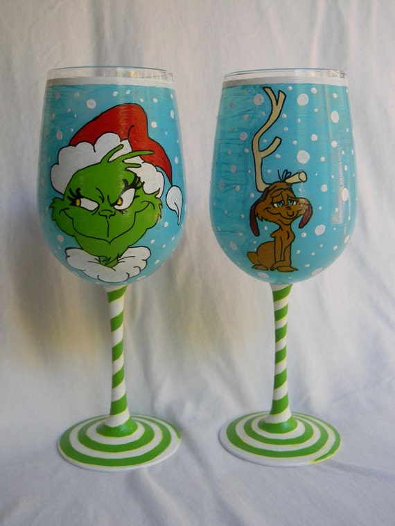 Grinch and Max Inspired Hand Painted Wine Glasses Set of Two