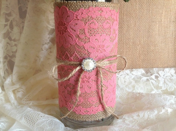 Rustic Coral Pink Lace And Burlap Covered Vase Wedding