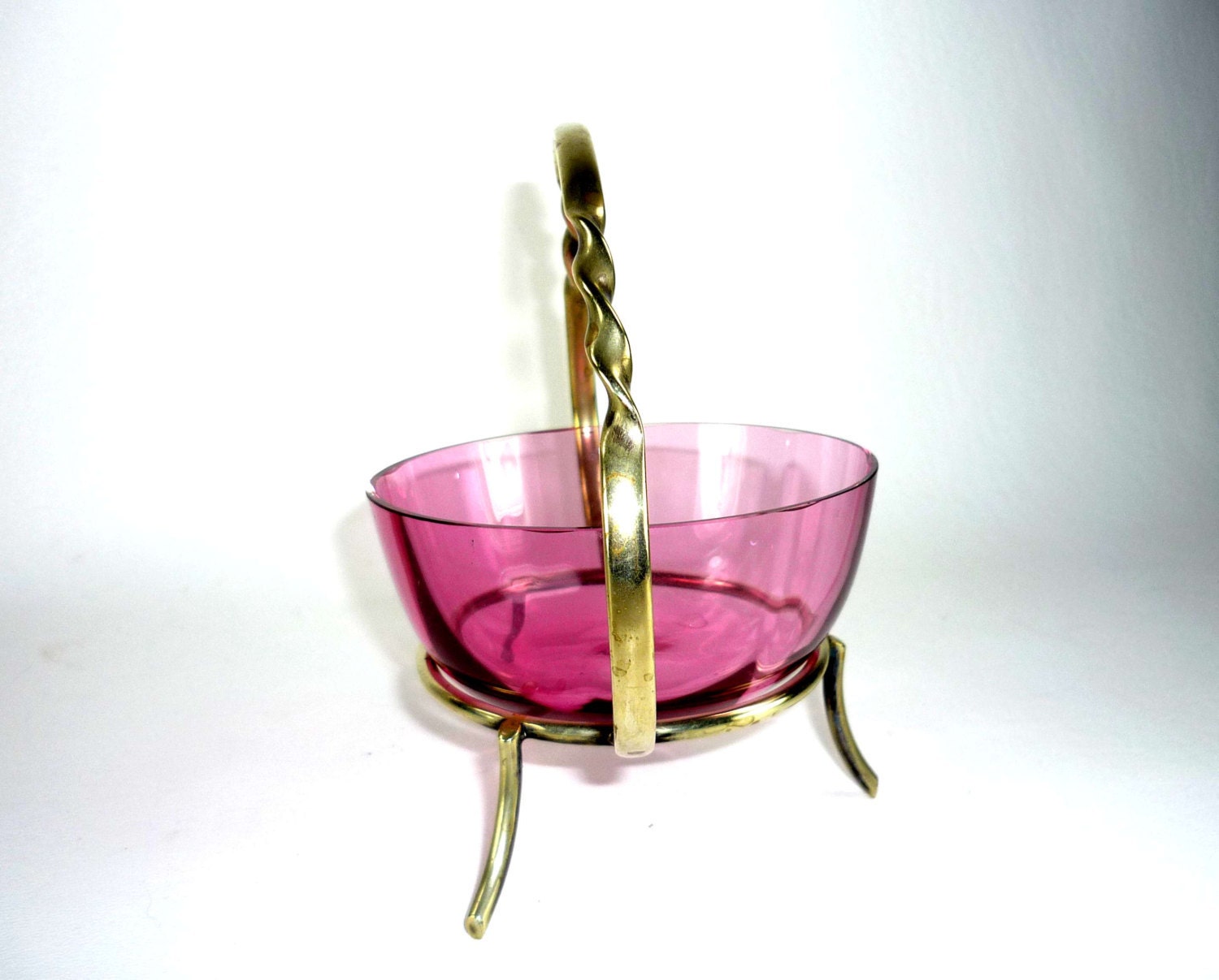 Cranberry Glass Candy Dish or Bowl with Brass by ChromaticWit