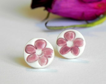 Ceramic Earrings, White Studs with Pink Flowers, Eco Friendly Jewelry in a Recycled Box