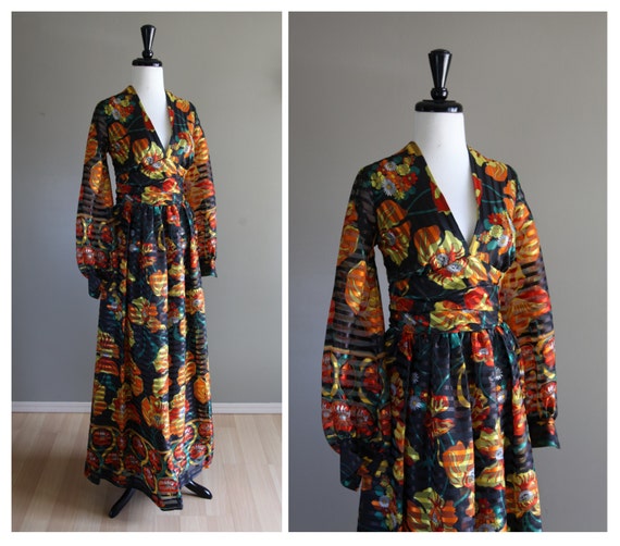Psychedelic Floral & Stripe Vintage 1960s Long Bohemian Dress / Hippie Mod 1970s / Orange Red Yellow / Art Nouveau Poppies