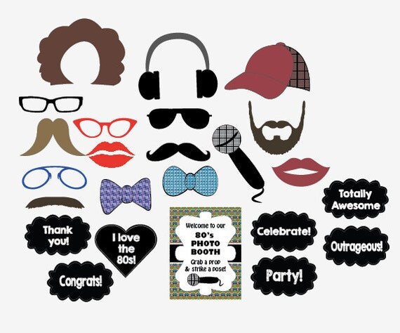 80s Photo Booth Props PRINTABLE digital 1980s party photobooth
