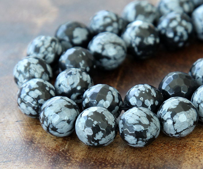 Snowflake Obsidian Beads 10mm Faceted Round 15 inch strand