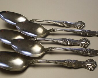 Antique Rogers Bros. XS Triple Serving Spoons Set Of Five, Silver Plated, Grape And Leaf Pattern 1904