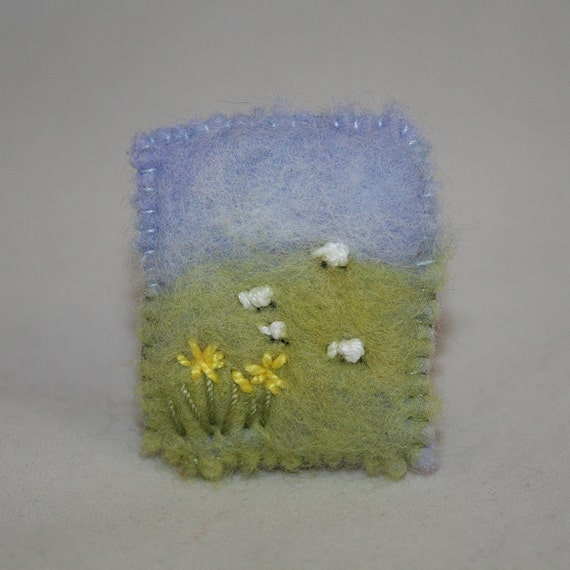 Embroidered Felt Brooch  Daffodils and Sheep by Lynwoodcrafts