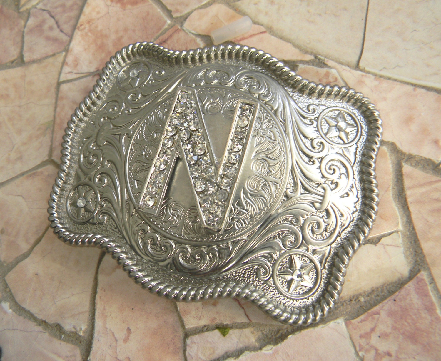 Monogram Letter N Personalized Silver Belt Buckle Rhinestone