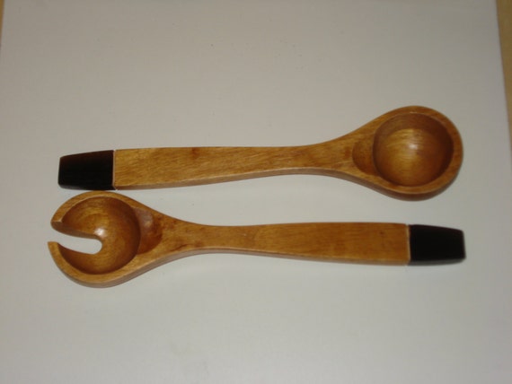 utensils Fork serving Retro Salad Serving and Round  Carved Vintage Utensils   wood  Wood