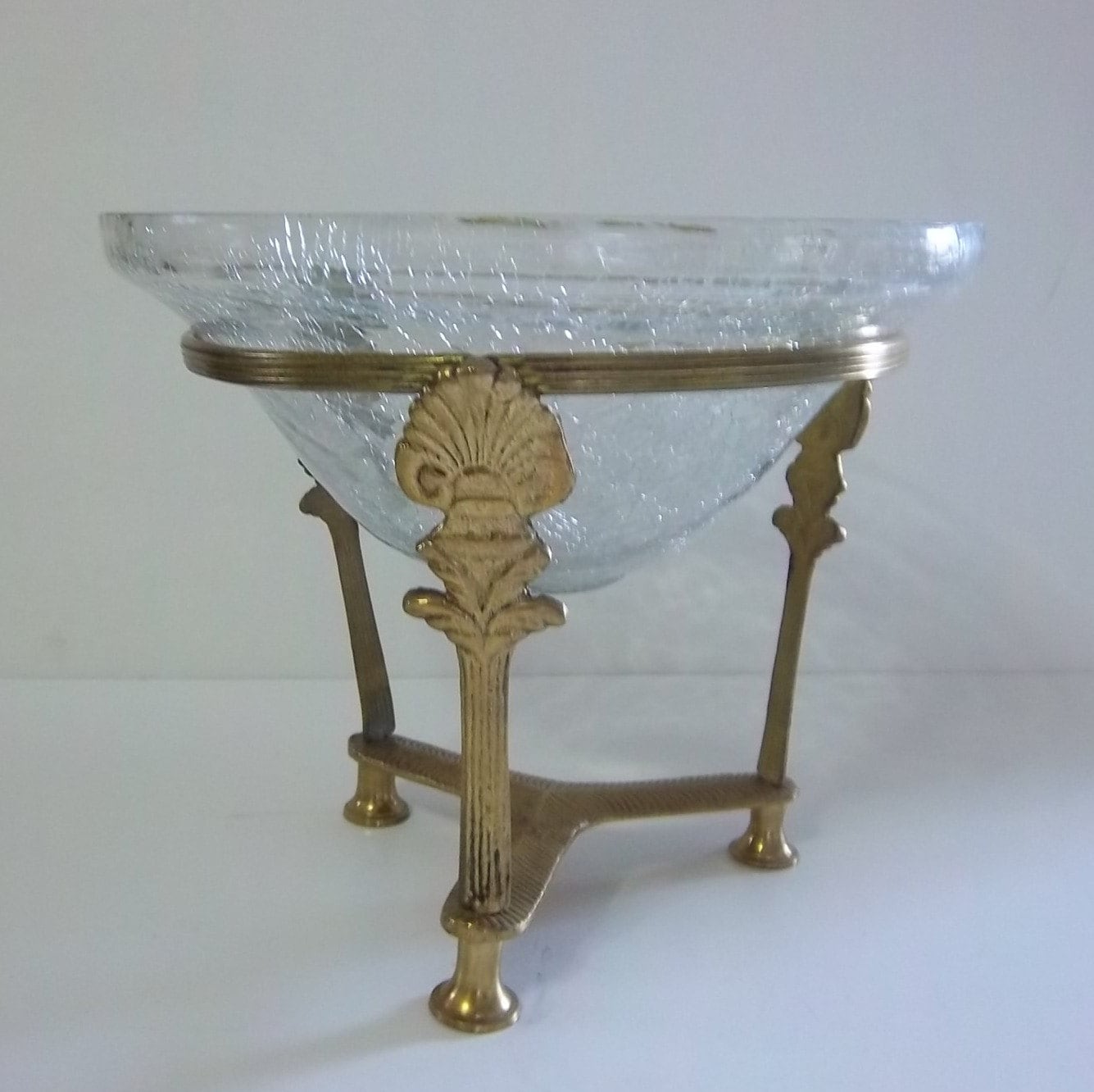 Large Crackle Glass Bowl With Ornate Brass Stand 0889