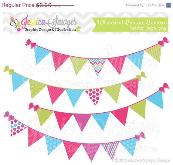 50% OFF - INSTANT DOWNLOAD, Bunting banner clipart - flag clip art - whimsical - patterned- commercial use - card making - digital element Il_570xn