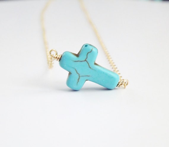 Turquoise Sideways Cross Necklace 14k Gold Filled Chain