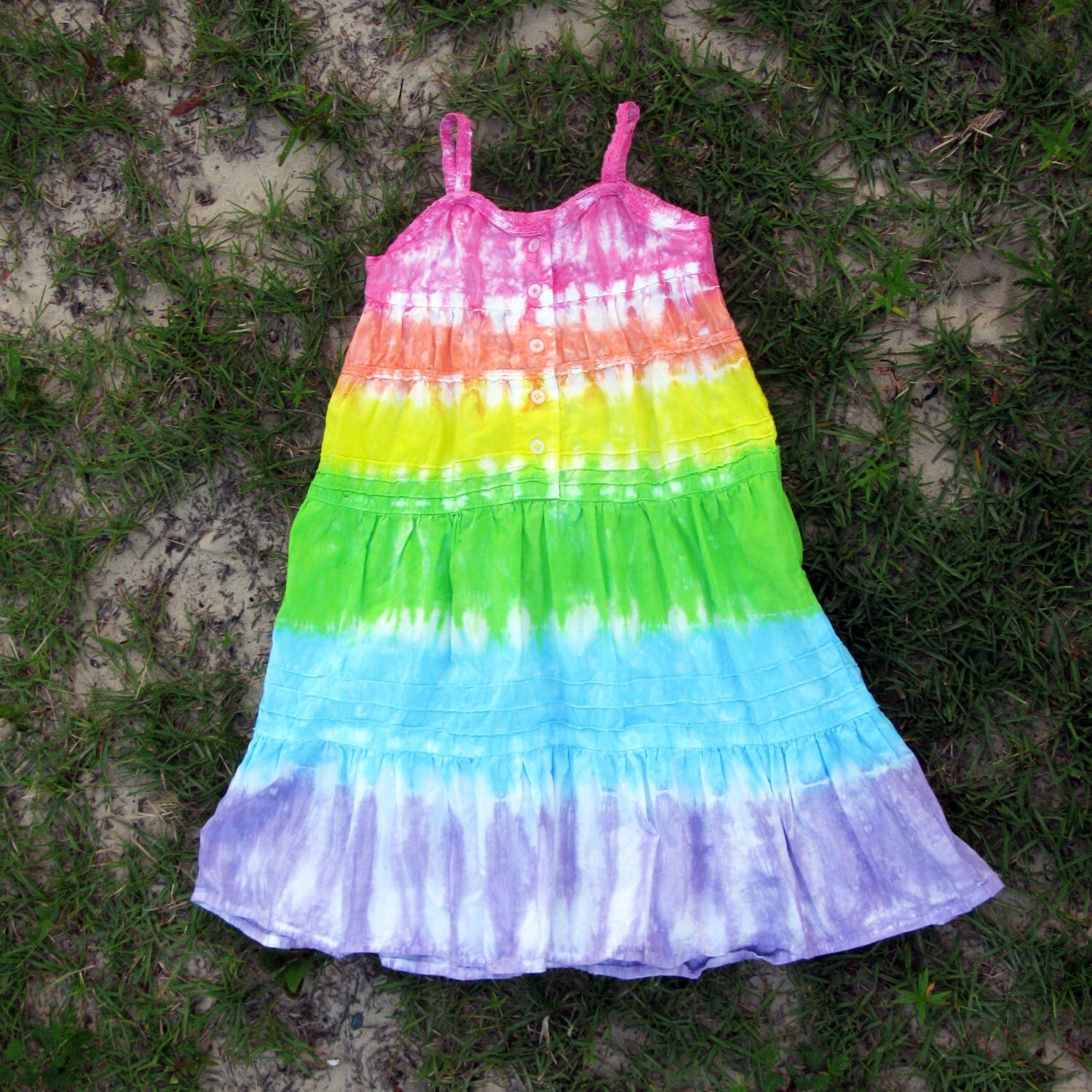 Girls sleeveless tie-dye pastel rainbow dress with lace