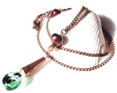 Bottle vial necklace with green bubbles of fun on copper chain with copper color beads, fresh water pearls and a Swarvorski crystal.