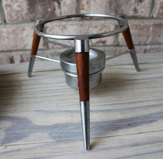 atomic MCM Fondue Pot chafing dish metal and teak wood legs