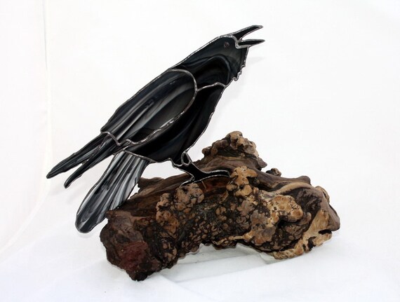 Raven Stained Glass Sculpture on Natural Oak Base by BerlinGlass