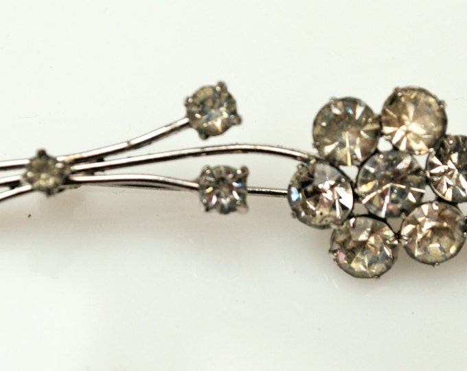 Rhinestone Flower Brooch - Signed Austria - Clear Crystal - silver metal- Floral Pin