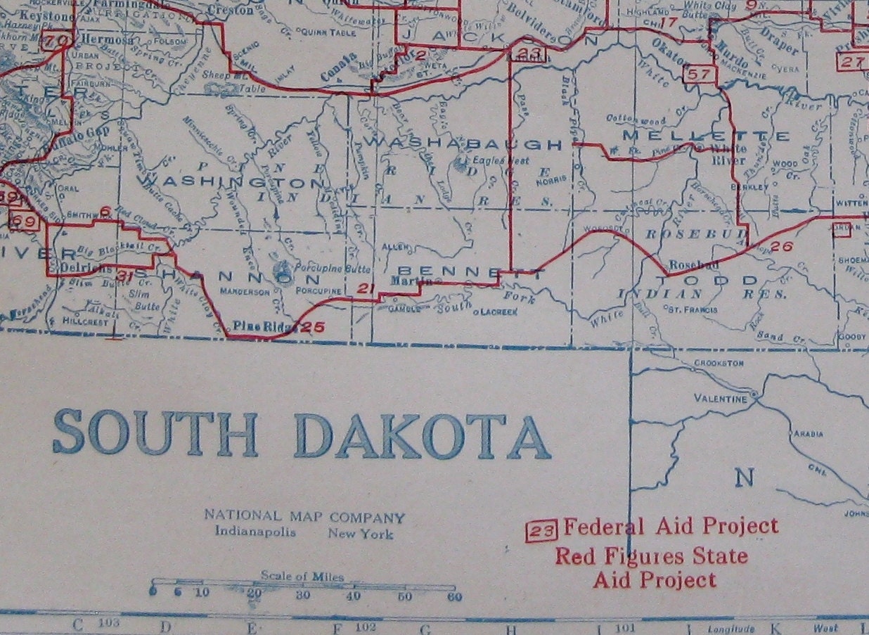 Antique SOUTH DAKOTA Map 1920s Auto Trails Map Red White and