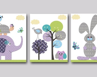 Canvas Art Children Decor Kids Wall Art Elephant Nursery Print Owl Decor Baby Room Decor Baby Nursery Decor set of 3 Hare Purple Green /