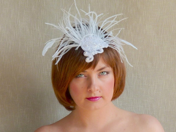 Art Deco White Bridal Fascinator - Feather fascinator - Lace Fasciantor - Great Gatsby, Downtown - il_570xN.597437494_6n7n
