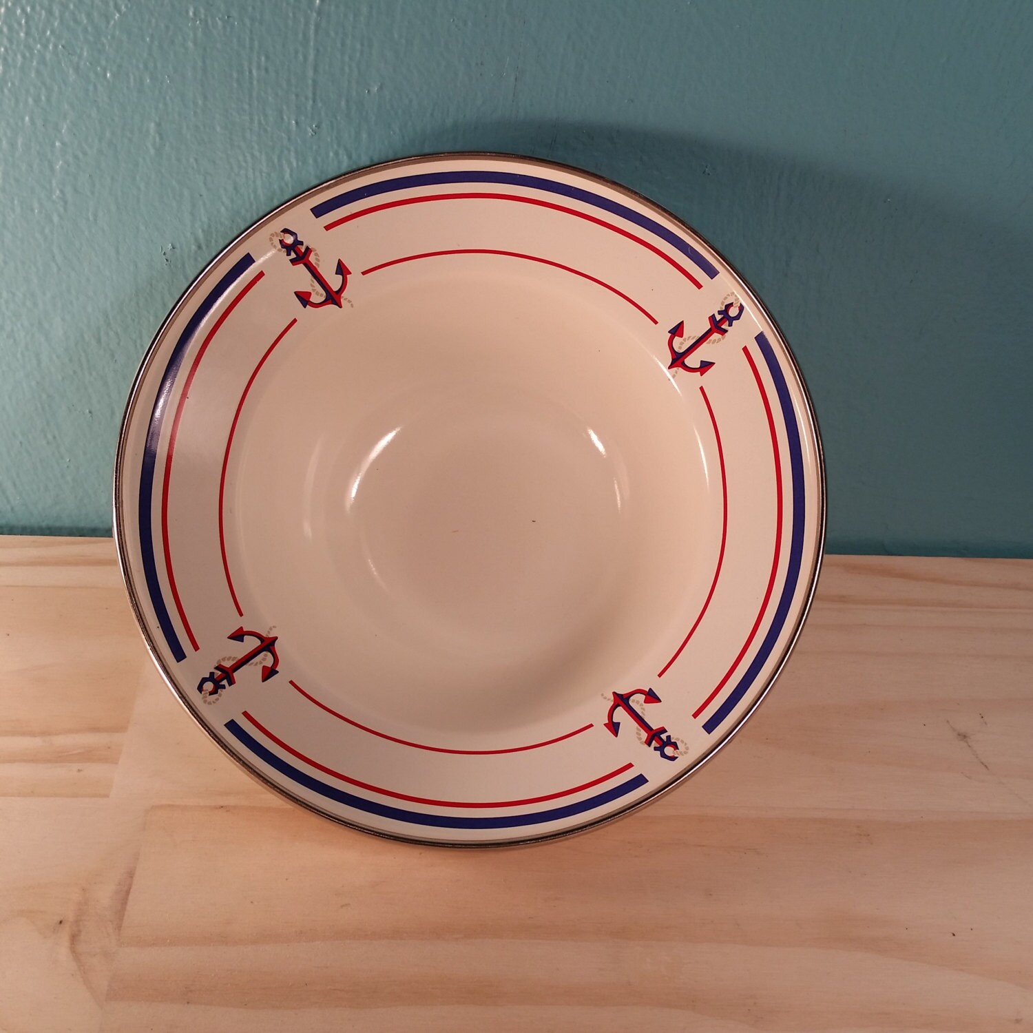 Four Metal Enamel Anchor Bowls American Picnic Free Shipping