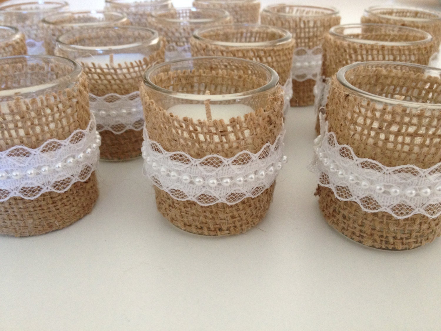 Votive candles wrapped in burlap with lace pearl great rustic