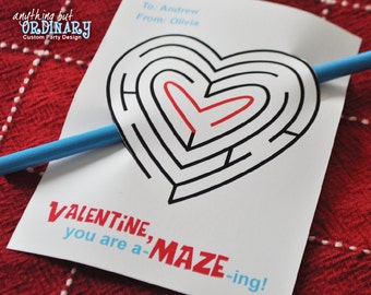 aMAZEing Valentine Cards, Printable Valentine Maze Pencil Holder, INSTANT DOWNLOAD printable digital file