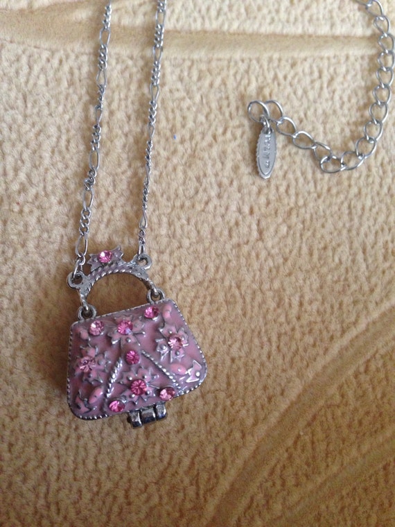 Pink Rhinestone VCLM Purse Pendant Silver Link Chain Necklace