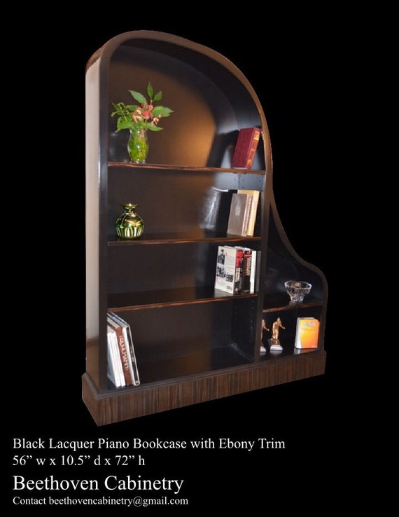 Items similar to Black Lacquer piano bookcase beautifully designed. Ebony trim 56"w x 11 1/2