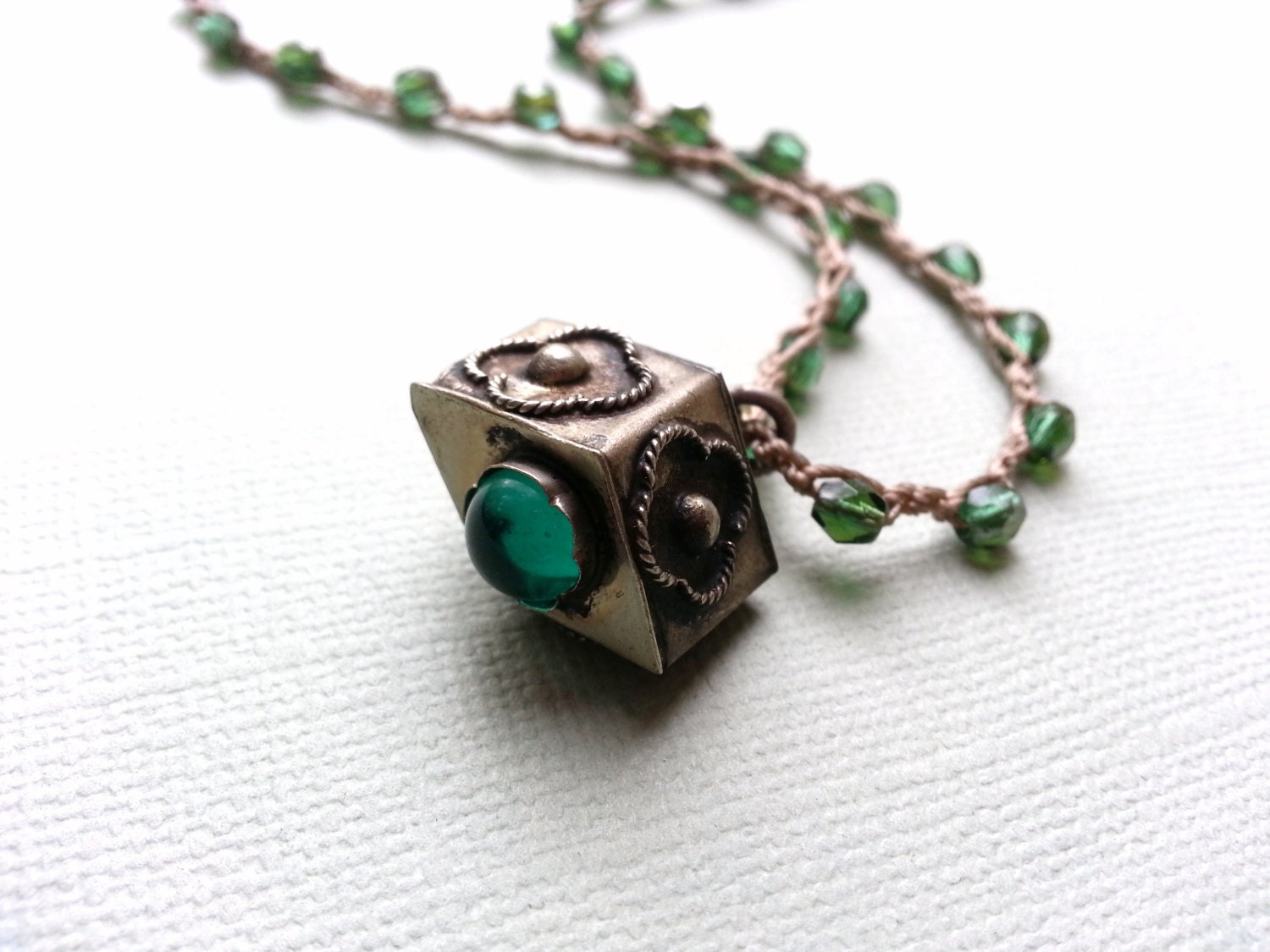 Emerald Green Beaded Crochet Silver Italian Charm Necklace