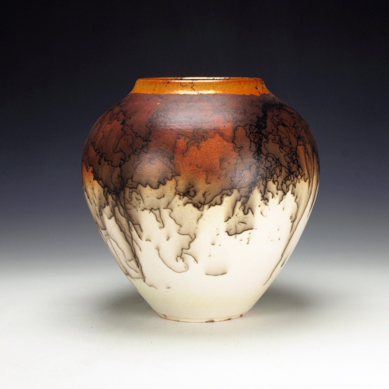 Horse Hair Raku Pottery crackle glaze black orange cream