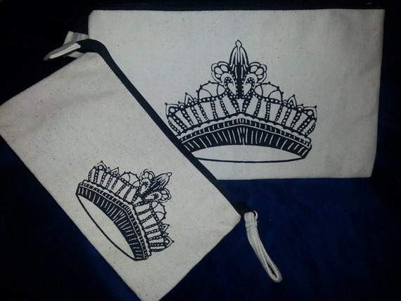 Crown Canvas tote TWO bag set- travel tote makeup bag pencil bag
