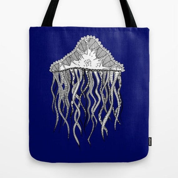 Blue Jellyfish Tote Bag - Double Sided Tote - Beach Bag, Yoga Bag ...