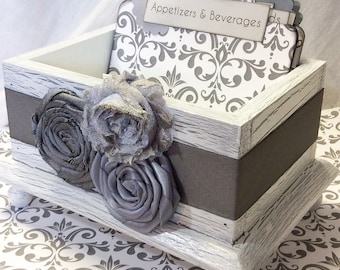 RECIPE BOX, Dividers, Recipe Cards, Grey and White Damask and Dots, White Shabby Chic Box, Custom Colors