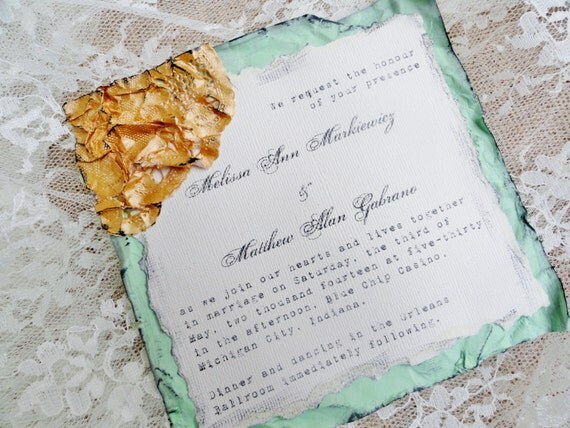 Special Order for Rachel Chaney Vintage Shabby Chic Wedding Invitations Gold Mint Sitting Pretty Papers Handmade Invitations OOAK Shower