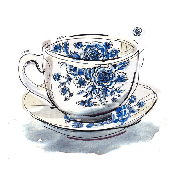 Tea cup print. Illustration. Kitchen decor.