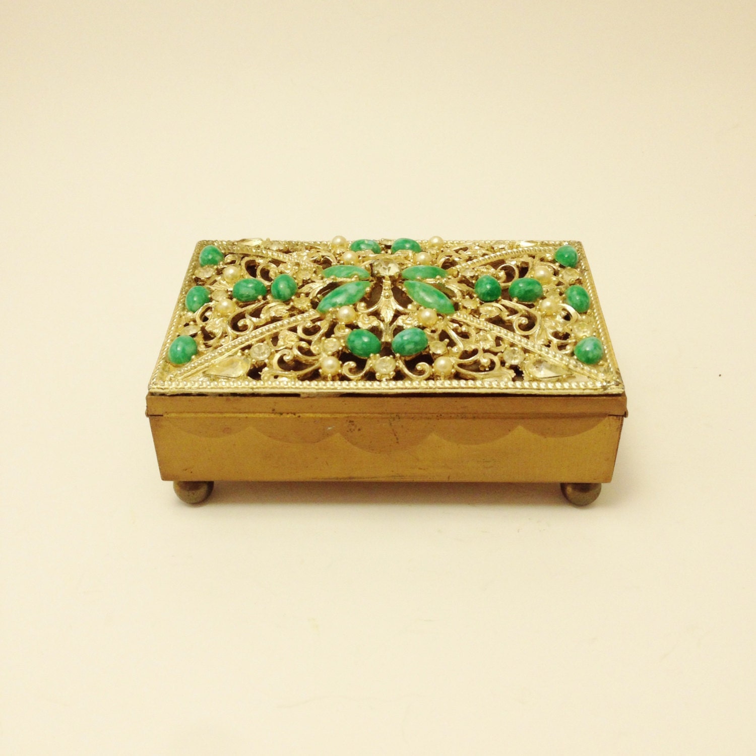 Vintage Gold Ornate Trinket Box Rhinestones Jade Greeen Scalloped Edge