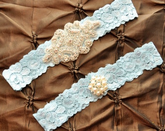 Wedding Garter Set, Bridal Garter Set - Blue Lace Garter, Keepsake Garter, Toss Garter, Crystal Embellishment Blue, Something Blue Garter