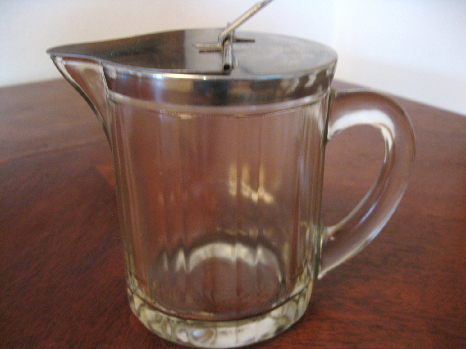 Vintage Glass Pitcher with Metal Flip Lid American Glass Dated