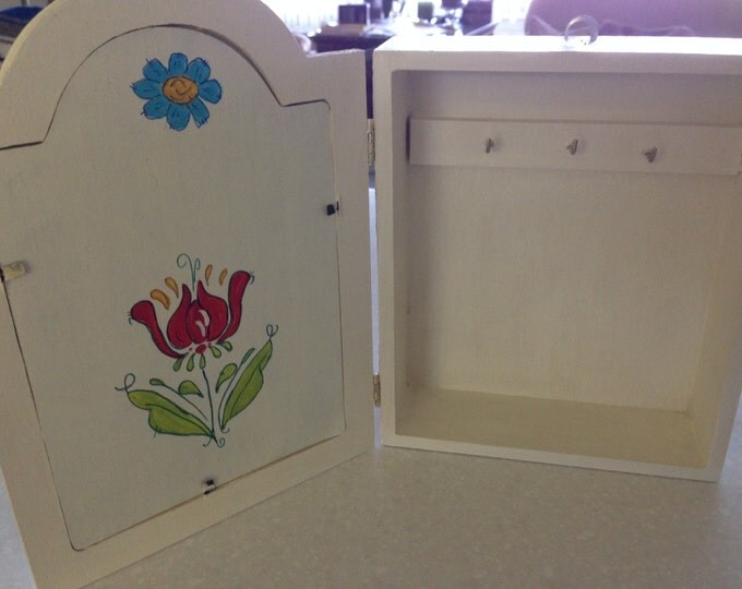Wood Chalkboard/Key Cabinet - painted cream and acrylic painted designs on inside and out.